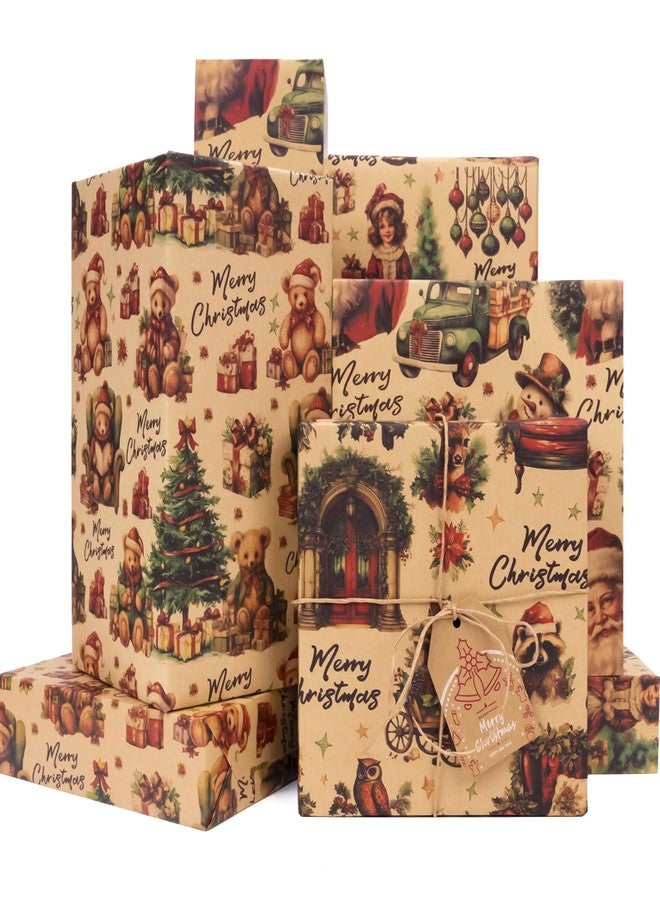 Rancco Vintage Christmas Wrapping Paper, kraft Wrapping Paper for Holiday New Year, Xmas Wrap Paper with Nutcracker, Santa Claus, Bear, Truck, Country Scene Designs - 4PC, 19.69''X27.56'' - Image 2